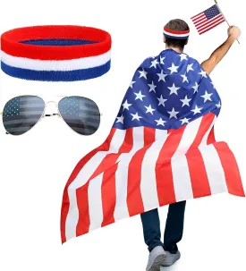 American Flag Costume Cape Set, USA Sunglasses and Flag Headband for Men Women 4th of July Independence Day Celebration Halloween Party Accessories, Large