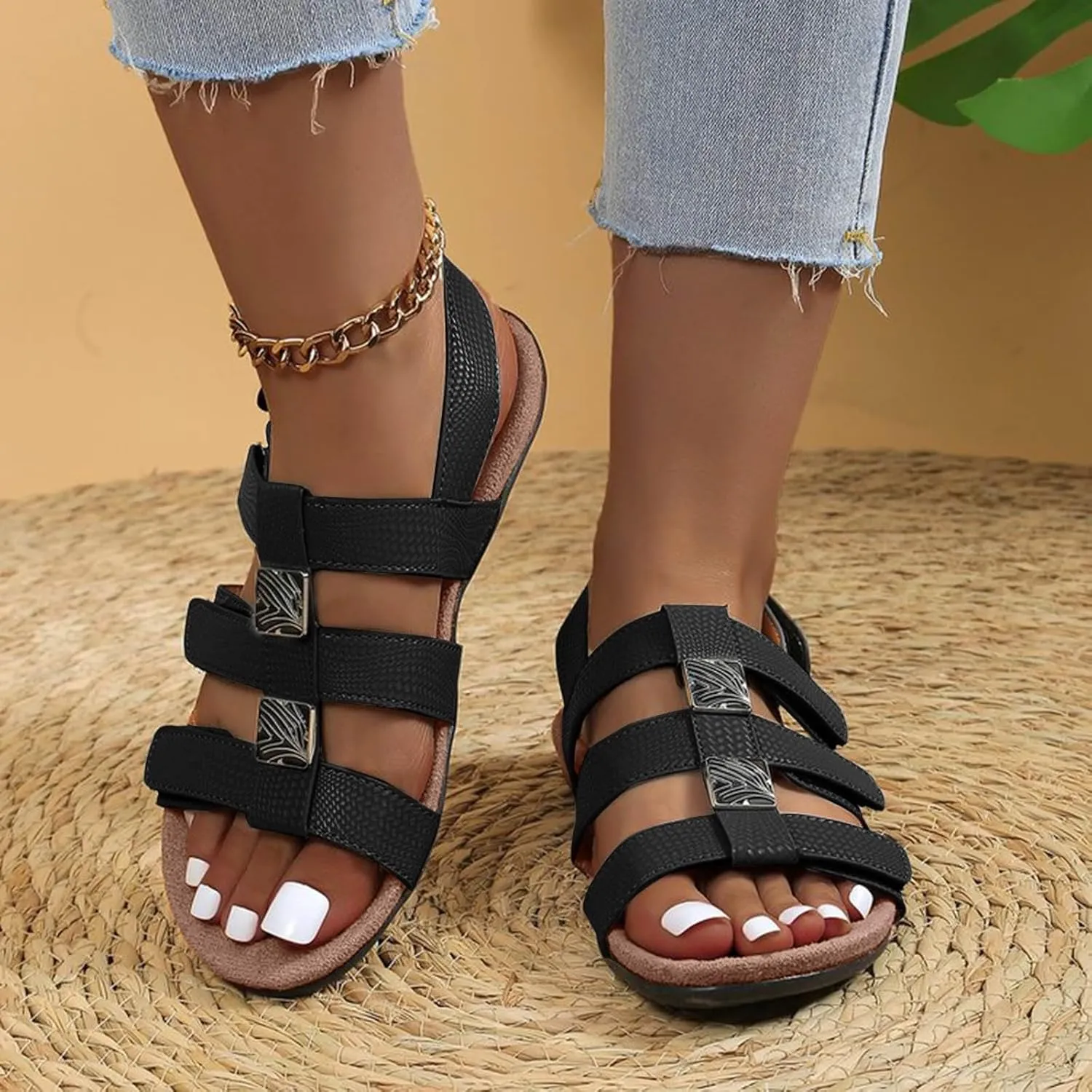 Casual Flat Sandals for Women Leather Fisherman Gladiator Sandals Open Toe Slip On Sandal Summer Slingback Flat Shoes