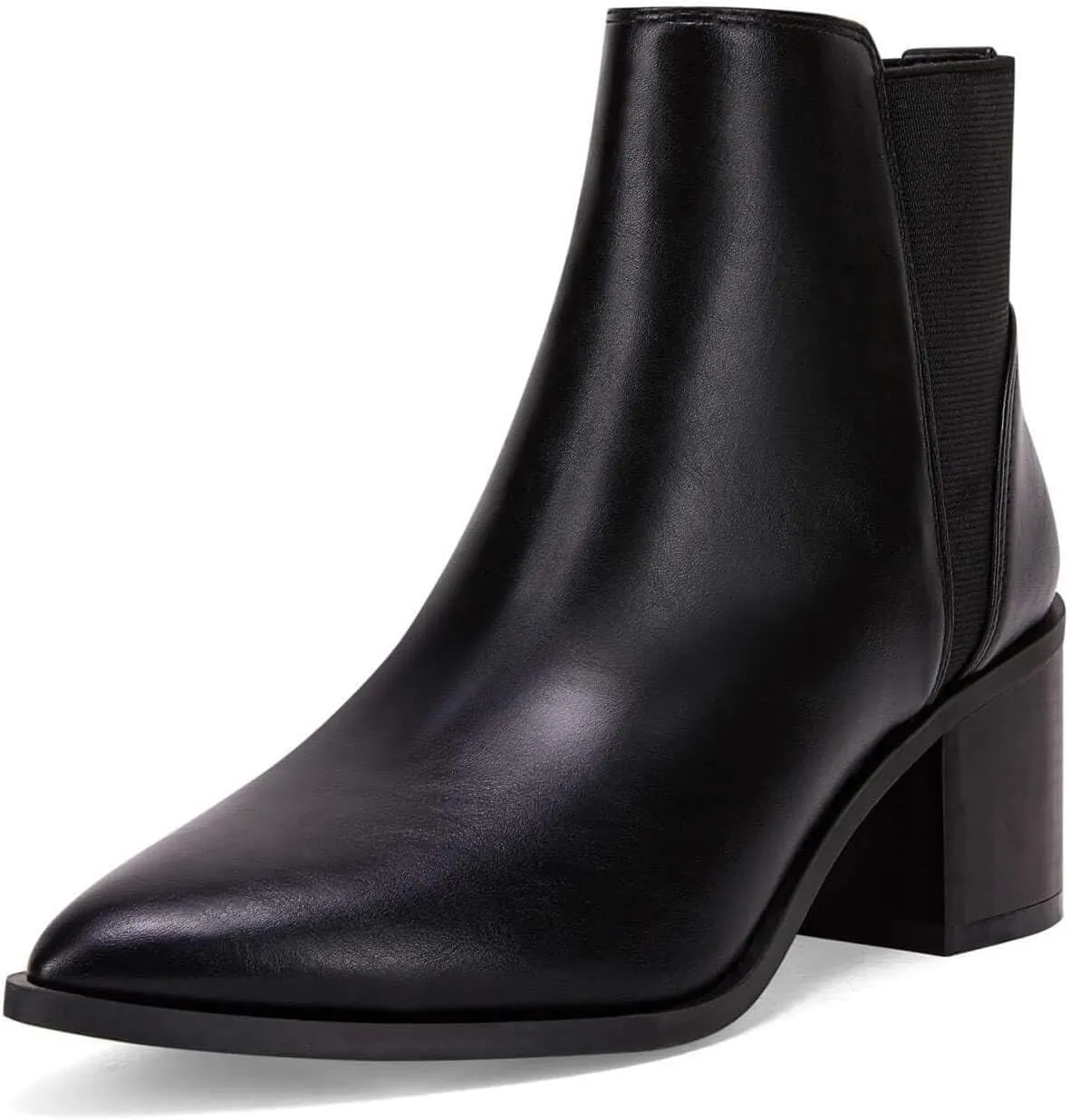 Coutgo Womens Pointed Toe Ankle Boots Elastic Chunky Block Stacked Mid Heel Slip On Chelsea Booties