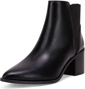Coutgo Womens Pointed Toe Ankle Boots Elastic Chunky Block Stacked Mid Heel Slip On Chelsea Booties