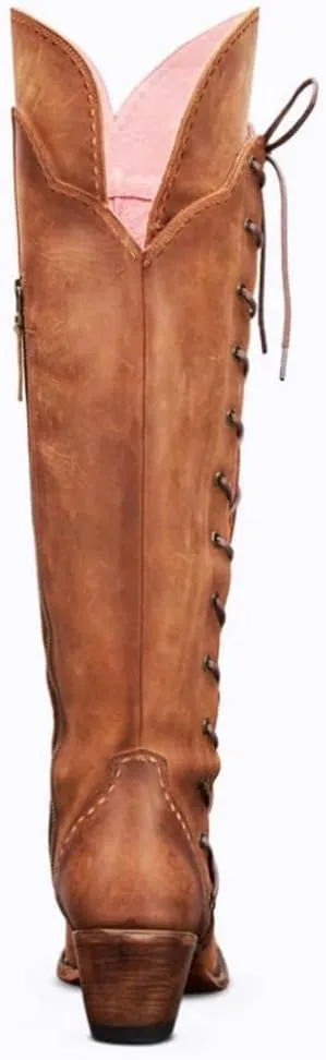 Cowboy Boots for Women Wide Calf Embroidered Western Cowgirl Boots Pointed Toe Over-The-Knee High Lace-Up Boots