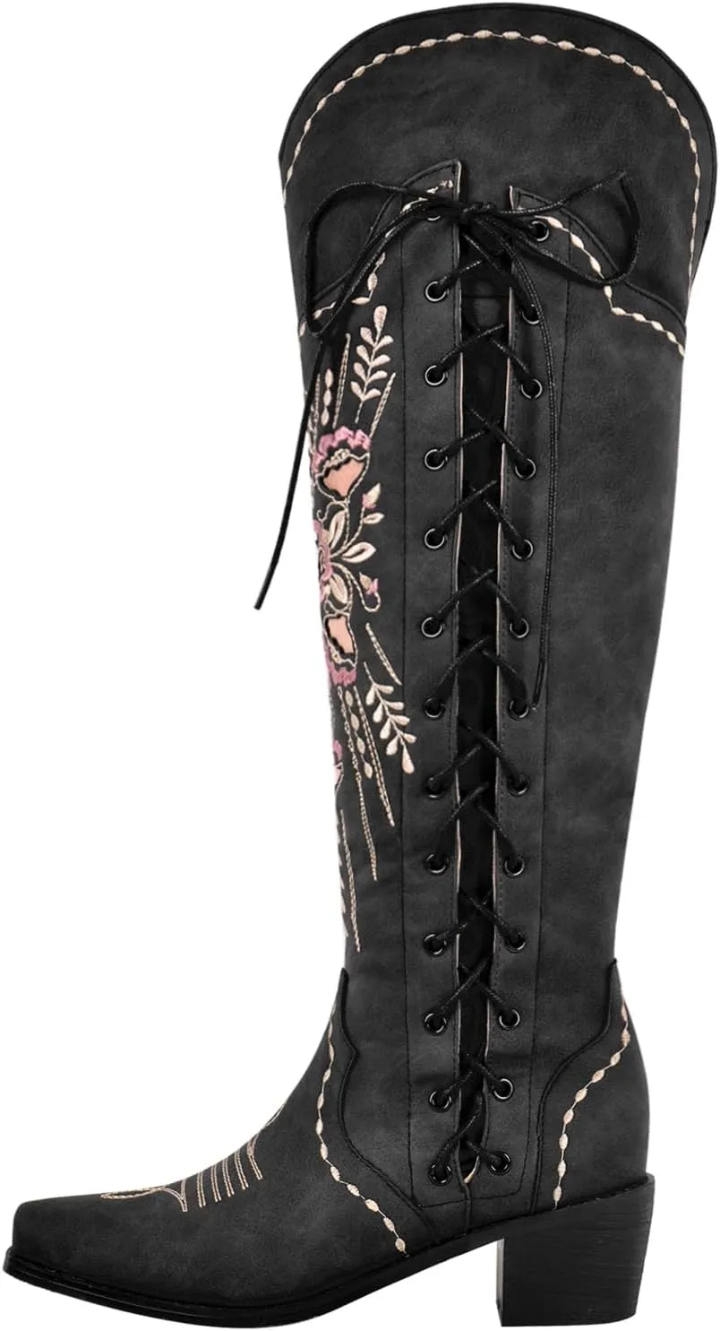 Cowboy Boots for Women Wide Calf Embroidered Western Cowgirl Boots Pointed Toe Over-The-Knee High Lace-Up Boots