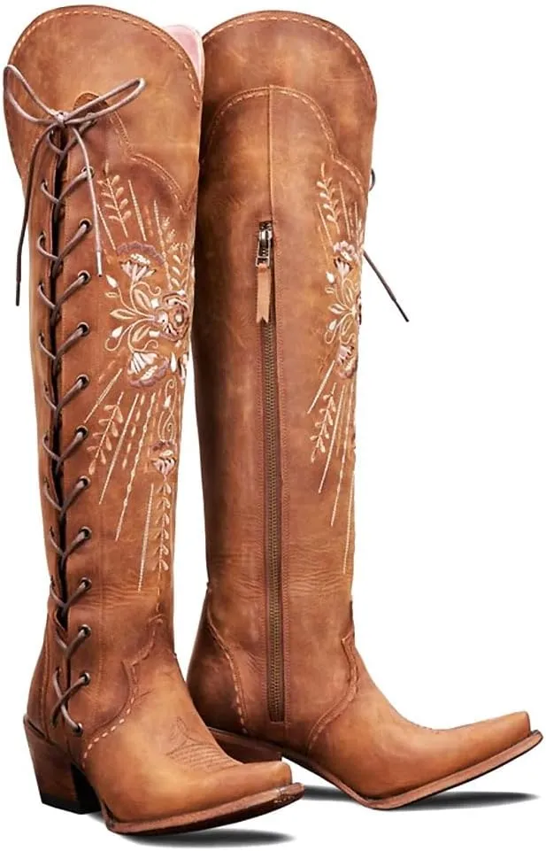 Cowboy Boots for Women Wide Calf Embroidered Western Cowgirl Boots Pointed Toe Over-The-Knee High Lace-Up Boots
