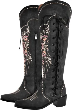 Cowboy Boots for Women Wide Calf Embroidered Western Cowgirl Boots Pointed Toe Over-The-Knee High Lace-Up Boots