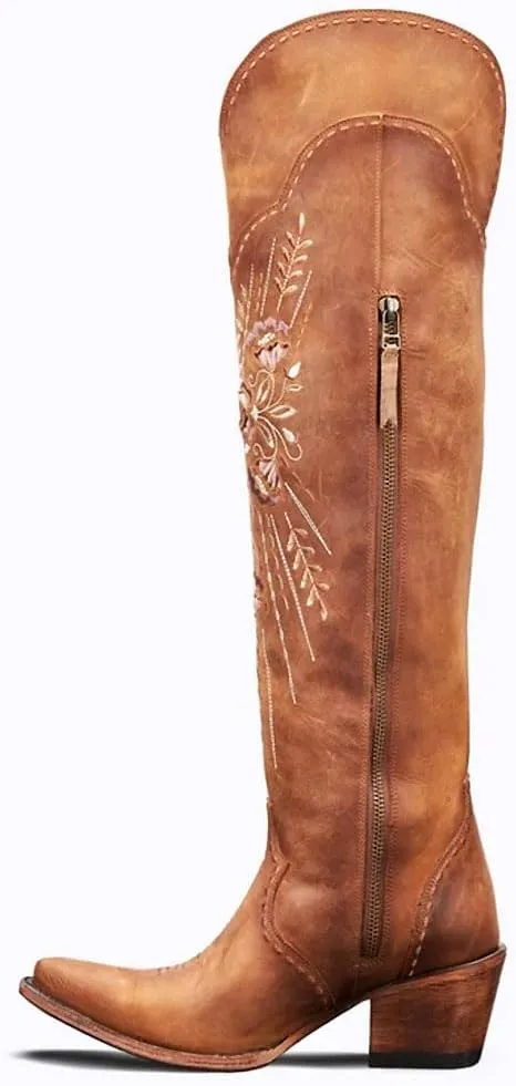 Cowboy Boots for Women Wide Calf Embroidered Western Cowgirl Boots Pointed Toe Over-The-Knee High Lace-Up Boots
