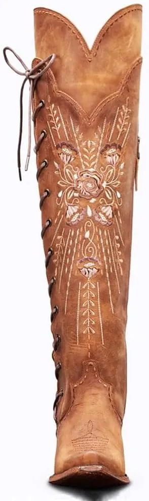 Cowboy Boots for Women Wide Calf Embroidered Western Cowgirl Boots Pointed Toe Over-The-Knee High Lace-Up Boots