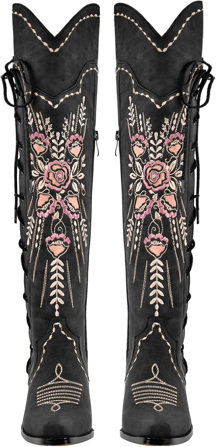 Cowboy Boots for Women Wide Calf Embroidered Western Cowgirl Boots Pointed Toe Over-The-Knee High Lace-Up Boots