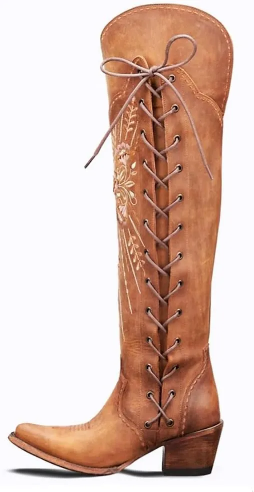Cowboy Boots for Women Wide Calf Embroidered Western Cowgirl Boots Pointed Toe Over-The-Knee High Lace-Up Boots