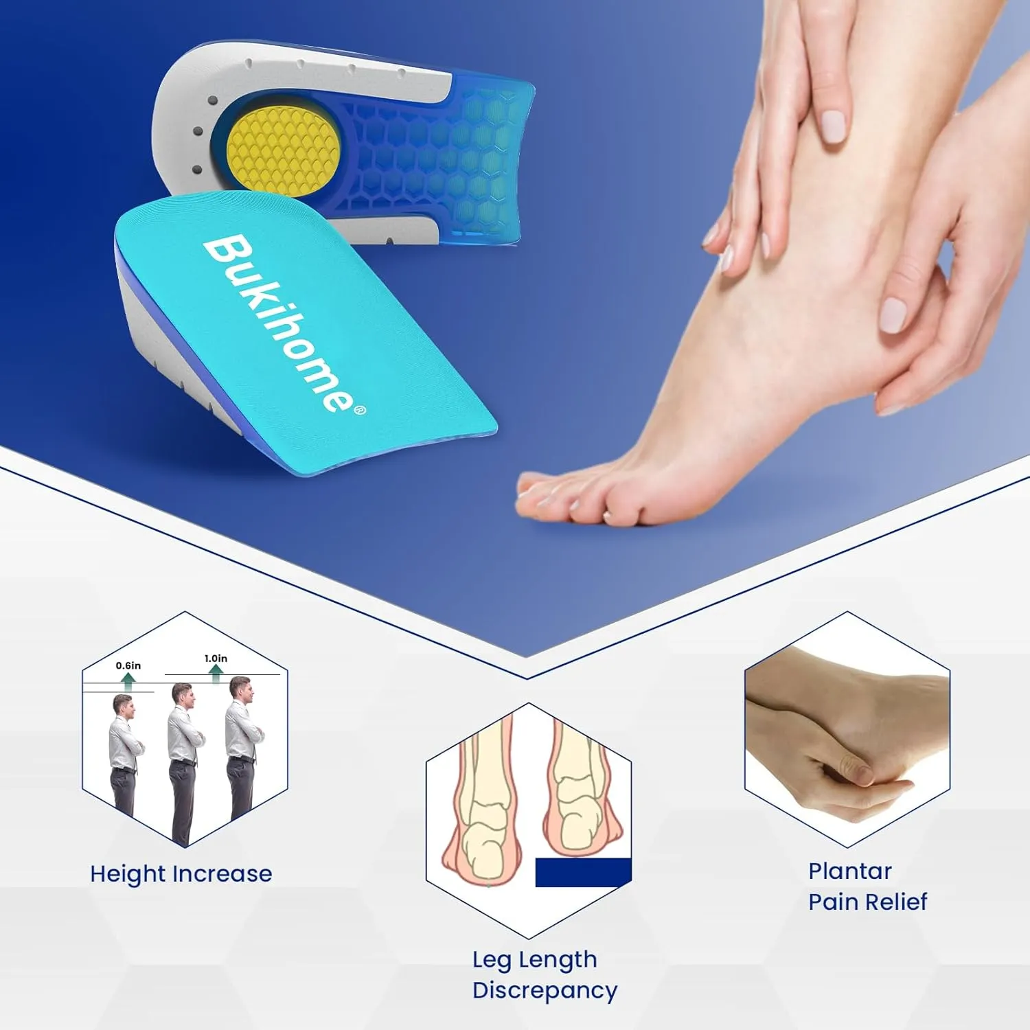 Heel Lifts for Pain Relief - Bukihome Heel Pads Achilles Tendonitis, Leg Length Discrepancy - Heel Cups Plantar Fasciitis, Height Increase Shoe Insoles for Men Women - 0.6" 1" Height, Large (2 Pairs)