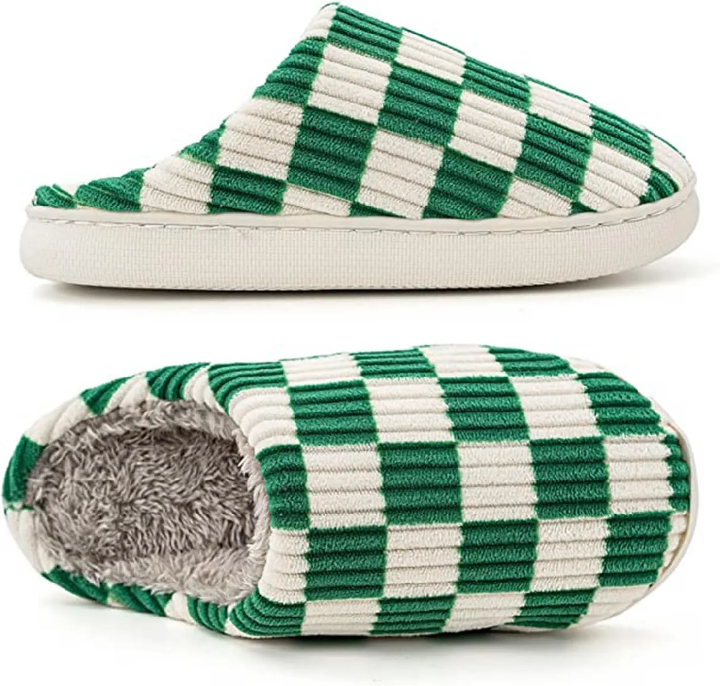 House Slippers for Woman Men, Womens Slippers on Fuzzy House Shoes Memory Foam Checkered Scuff Outdoor Indoor Warm Plush Bedroom Shoes with Faux Fur Lining Size