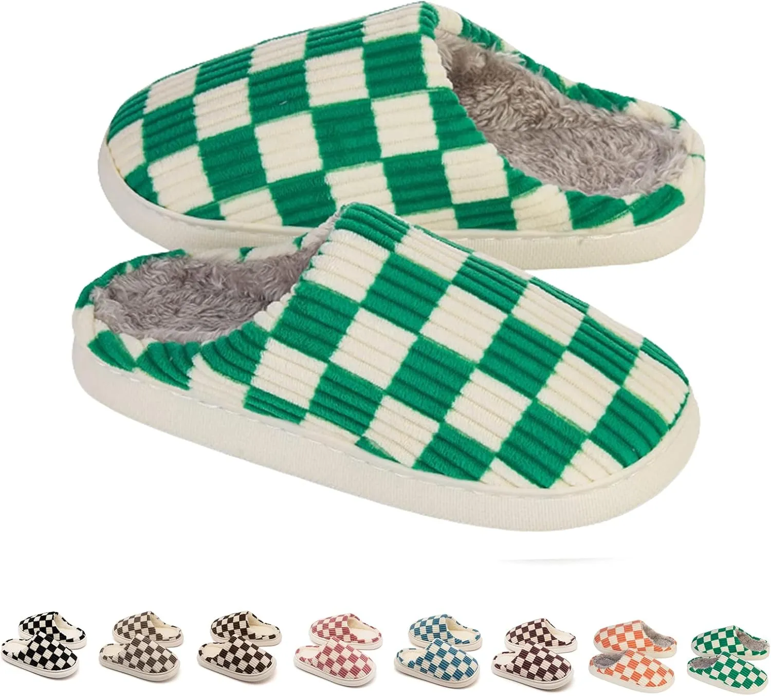 House Slippers for Woman Men, Womens Slippers on Fuzzy House Shoes Memory Foam Checkered Scuff Outdoor Indoor Warm Plush Bedroom Shoes with Faux Fur Lining Size