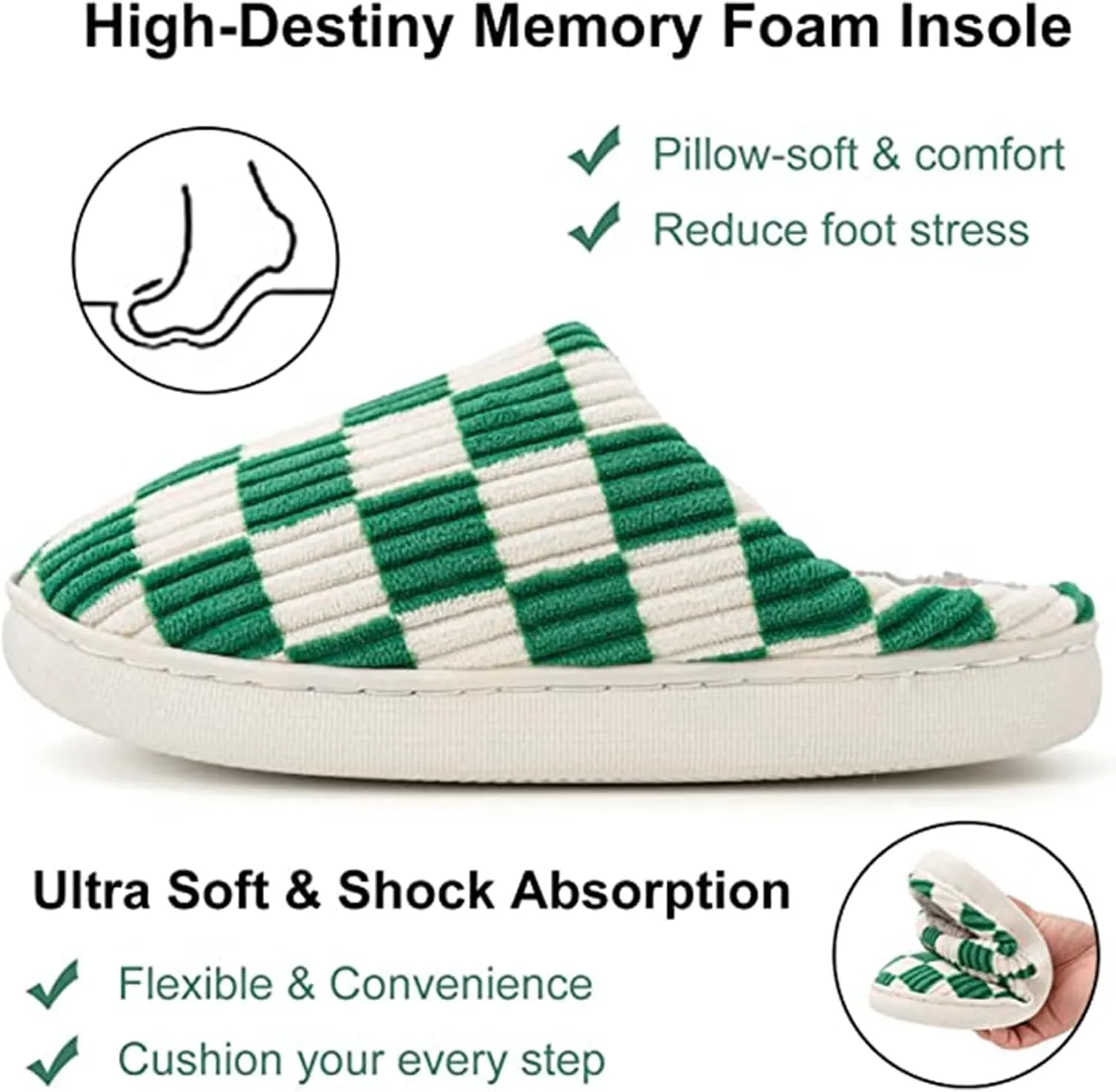House Slippers for Woman Men, Womens Slippers on Fuzzy House Shoes Memory Foam Checkered Scuff Outdoor Indoor Warm Plush Bedroom Shoes with Faux Fur Lining Size
