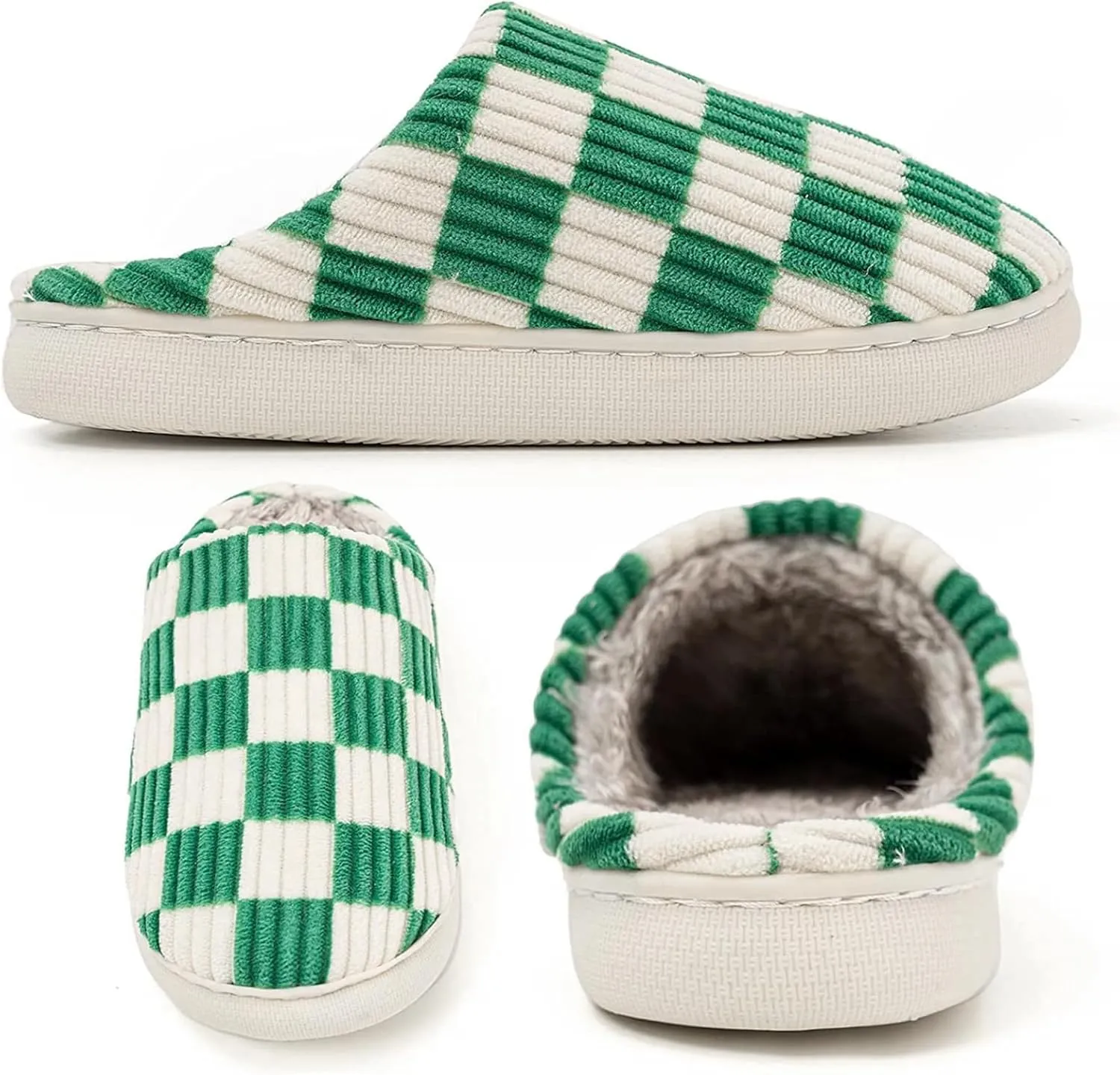 House Slippers for Woman Men, Womens Slippers on Fuzzy House Shoes Memory Foam Checkered Scuff Outdoor Indoor Warm Plush Bedroom Shoes with Faux Fur Lining Size
