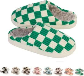 House Slippers for Woman Men, Womens Slippers on Fuzzy House Shoes Memory Foam Checkered Scuff Outdoor Indoor Warm Plush Bedroom Shoes with Faux Fur Lining Size