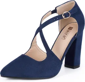 IDIFU Women's IN4 Chunky High Heels Pumps Closed Toe Block Strappy Heels Pointed Toe Dress Shoes for Women Prom Wedding Party Office Work Formal