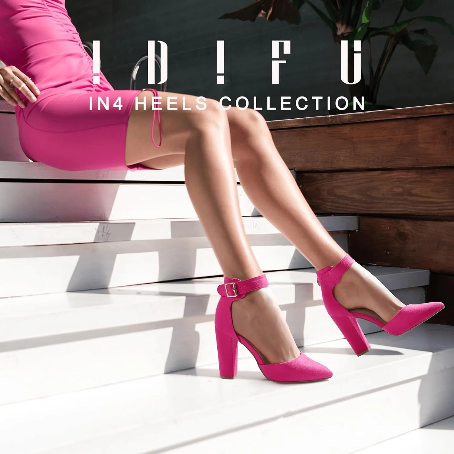 IDIFU Women's IN4 Pedazo High Block Heels Pumps Pointed Closed Toe Ankle Strap Dress Wedding Shoes
