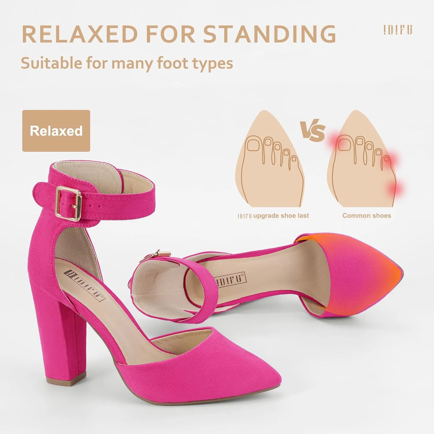 IDIFU Women's IN4 Pedazo High Block Heels Pumps Pointed Closed Toe Ankle Strap Dress Wedding Shoes