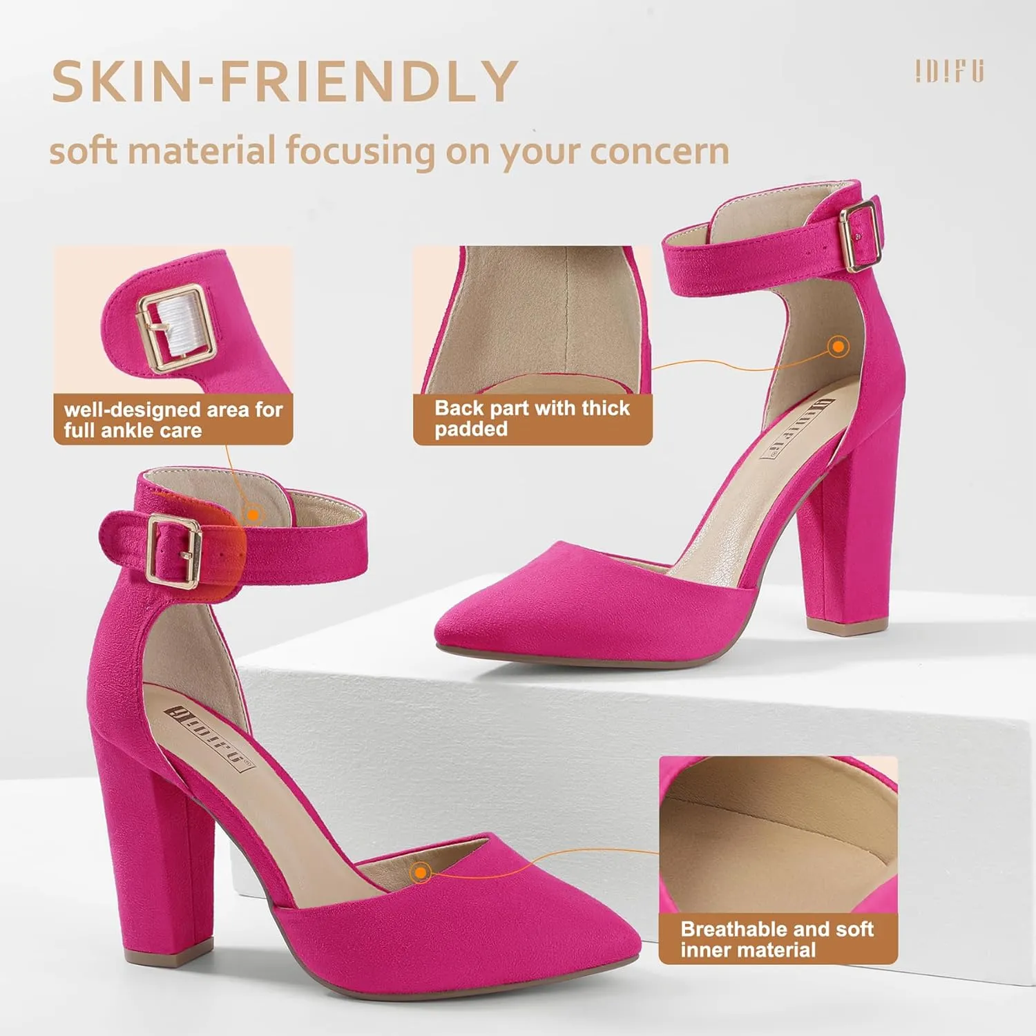 IDIFU Women's IN4 Pedazo High Block Heels Pumps Pointed Closed Toe Ankle Strap Dress Wedding Shoes
