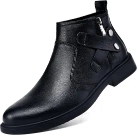 Men's Genuine Leather Chelsea Boots with Buckle Strap Autumn Winter Fashion Side Zipper Comfortable Fur Lining Business Oxford Boots Casual Dress Chukka Boots