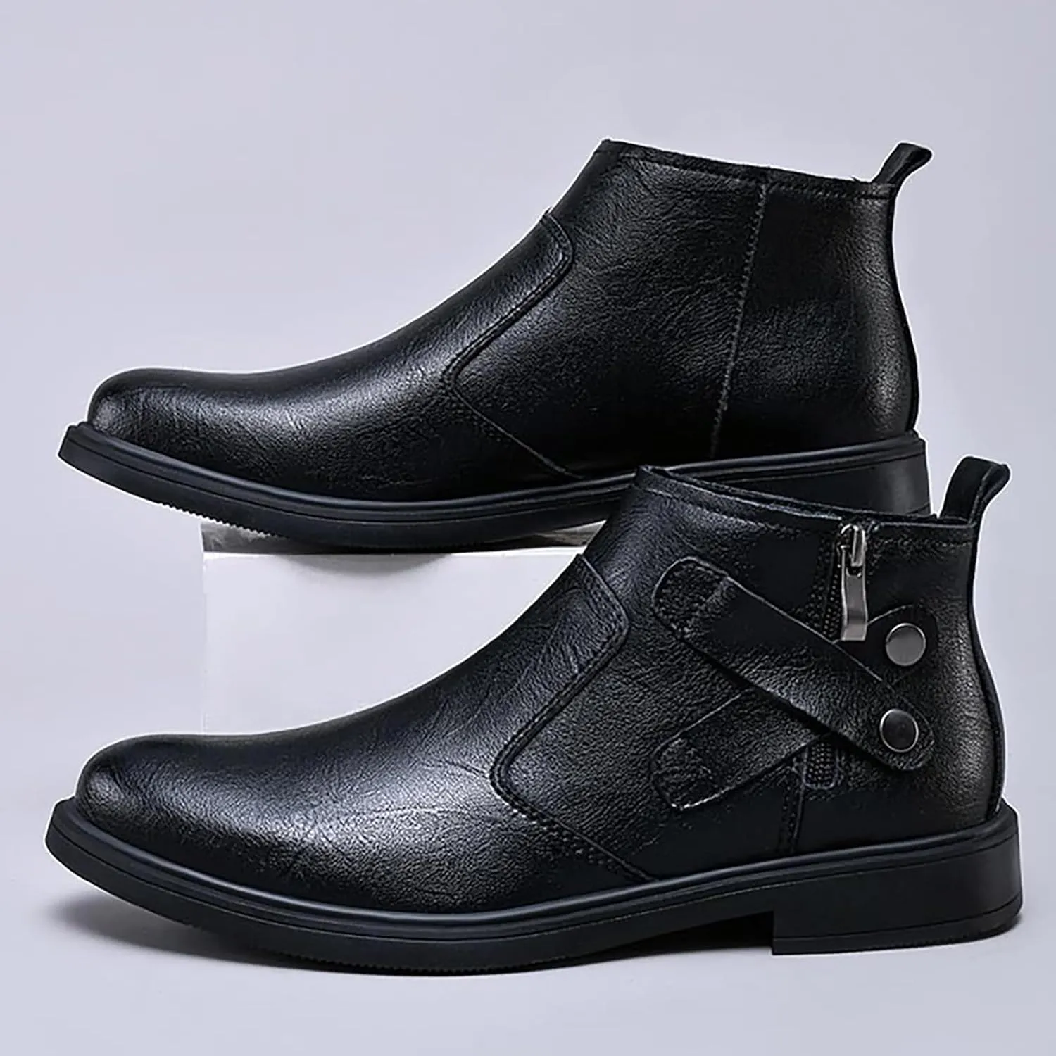 Men's Genuine Leather Chelsea Boots with Buckle Strap Autumn Winter Fashion Side Zipper Comfortable Fur Lining Business Oxford Boots Casual Dress Chukka Boots
