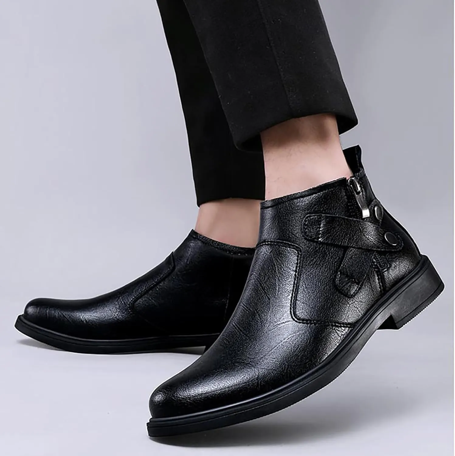 Men's Genuine Leather Chelsea Boots with Buckle Strap Autumn Winter Fashion Side Zipper Comfortable Fur Lining Business Oxford Boots Casual Dress Chukka Boots