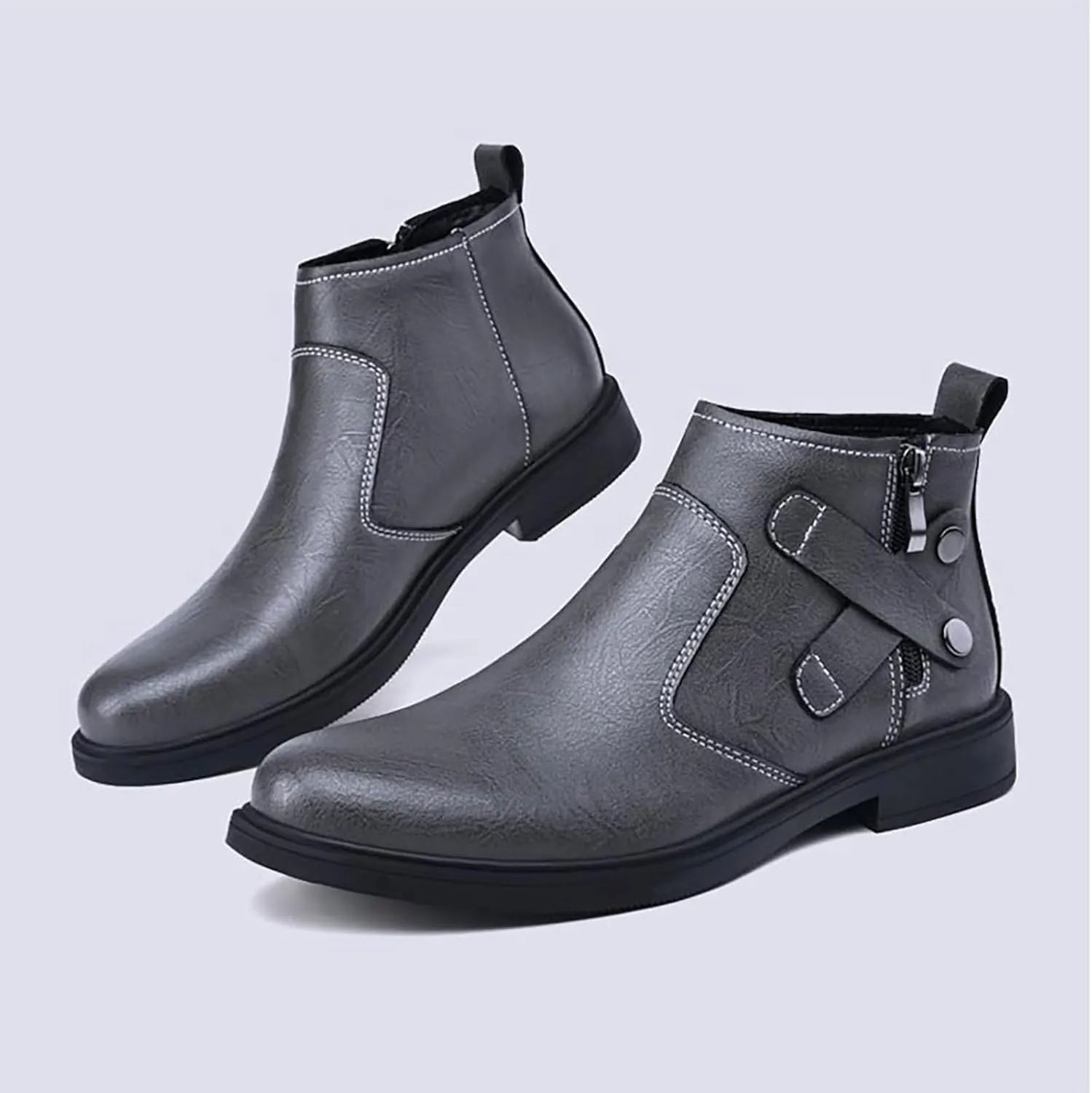 Men's Genuine Leather Chelsea Boots with Buckle Strap Autumn Winter Fashion Side Zipper Comfortable Fur Lining Business Oxford Boots Casual Dress Chukka Boots