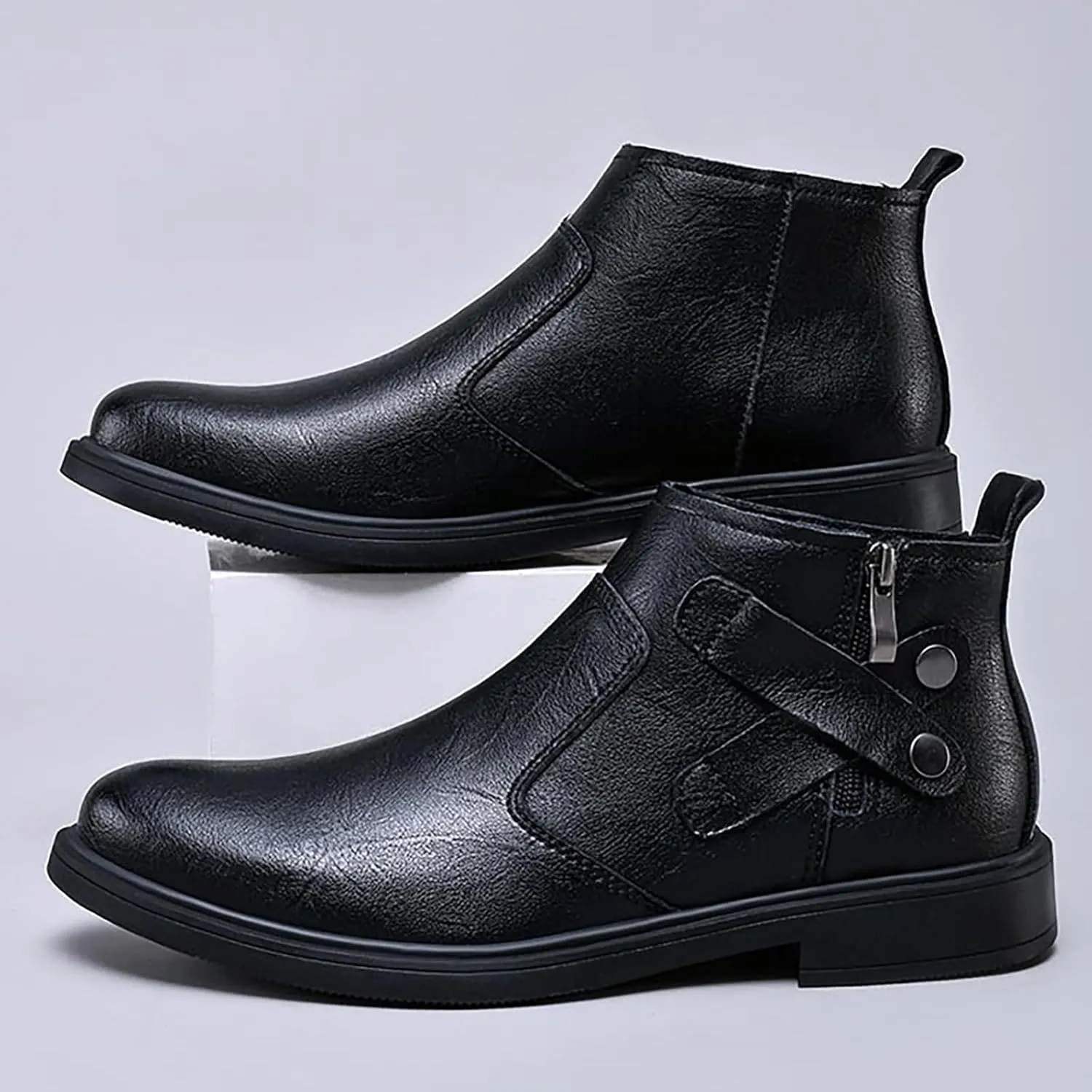 Men's Genuine Leather Chelsea Boots with Buckle Strap Autumn Winter Fashion Side Zipper Comfortable Fur Lining Business Oxford Boots Casual Dress Chukka Boots