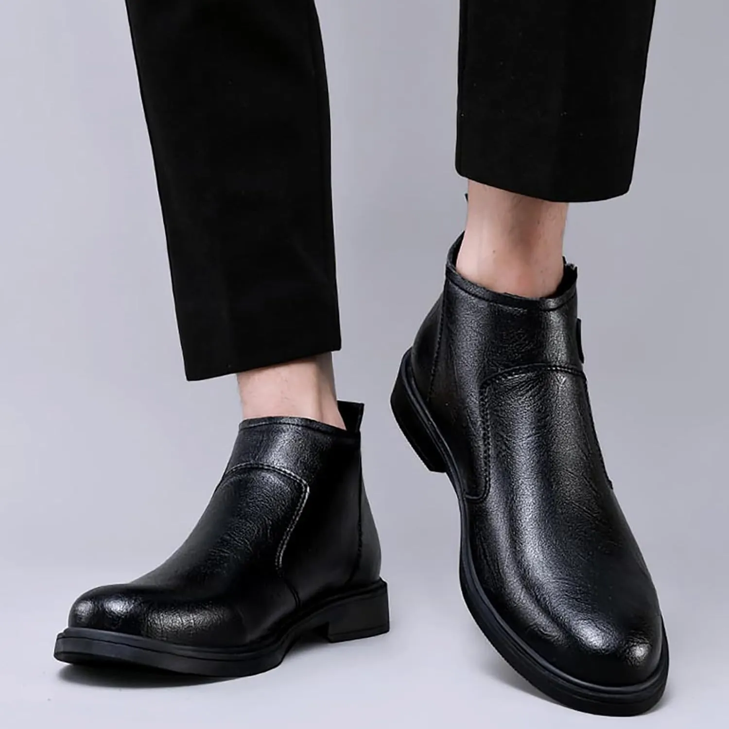 Men's Genuine Leather Chelsea Boots with Buckle Strap Autumn Winter Fashion Side Zipper Comfortable Fur Lining Business Oxford Boots Casual Dress Chukka Boots