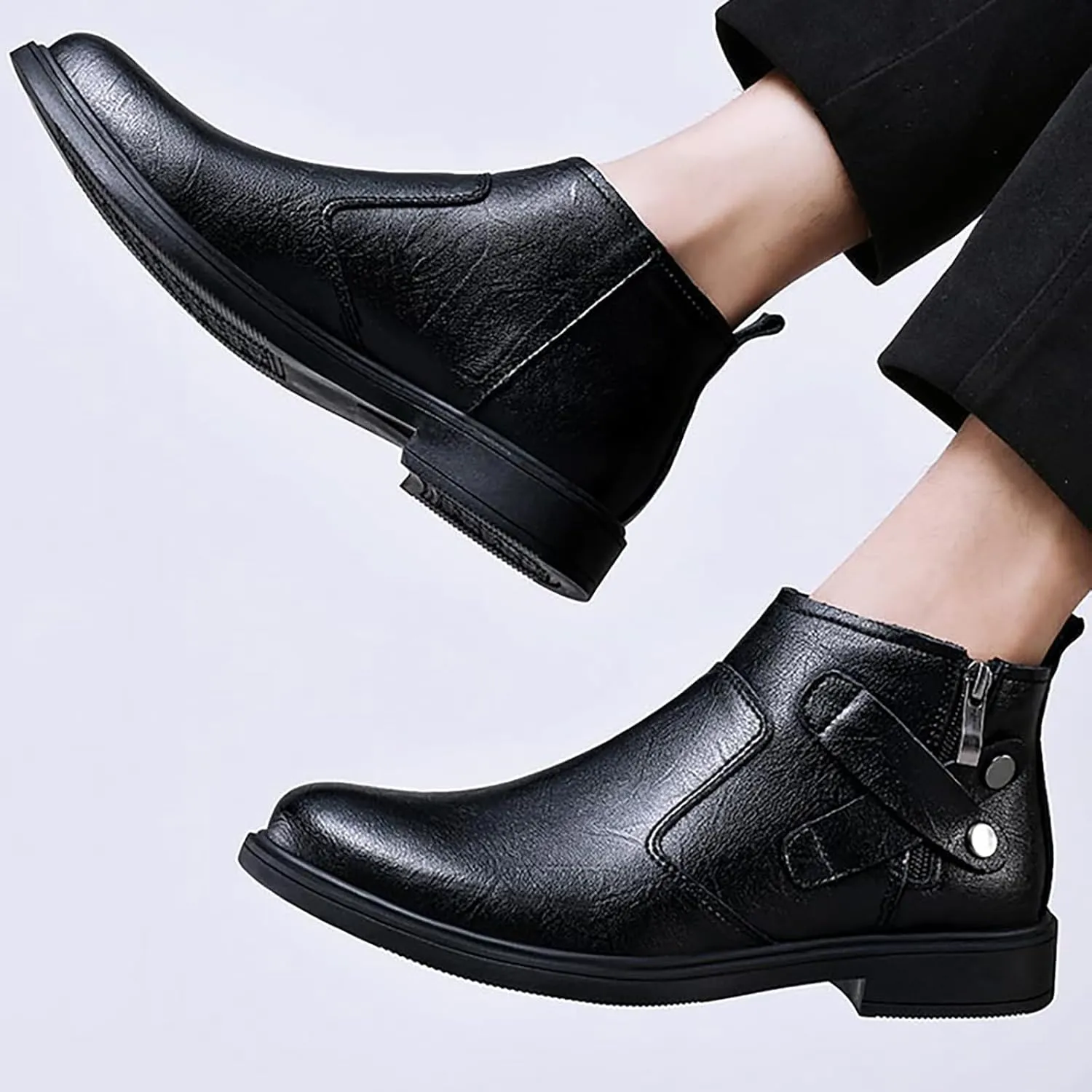 Men's Genuine Leather Chelsea Boots with Buckle Strap Autumn Winter Fashion Side Zipper Comfortable Fur Lining Business Oxford Boots Casual Dress Chukka Boots