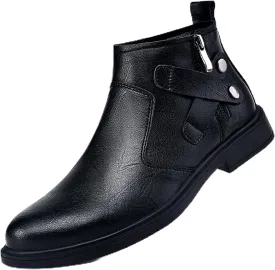 Men's Genuine Leather Chelsea Boots with Buckle Strap Autumn Winter Fashion Side Zipper Comfortable Fur Lining Business Oxford Boots Casual Dress Chukka Boots
