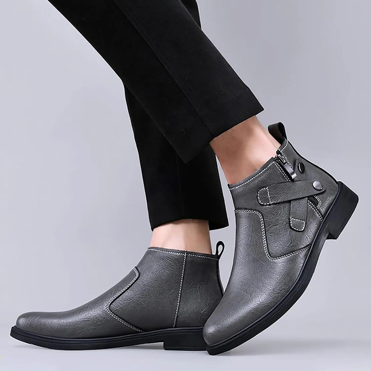 Men's Genuine Leather Chelsea Boots with Buckle Strap Autumn Winter Fashion Side Zipper Comfortable Fur Lining Business Oxford Boots Casual Dress Chukka Boots