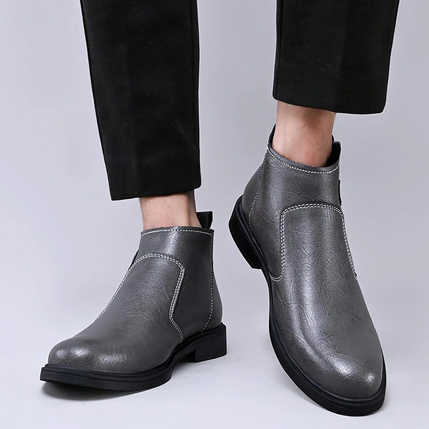 Men's Genuine Leather Chelsea Boots with Buckle Strap Autumn Winter Fashion Side Zipper Comfortable Fur Lining Business Oxford Boots Casual Dress Chukka Boots