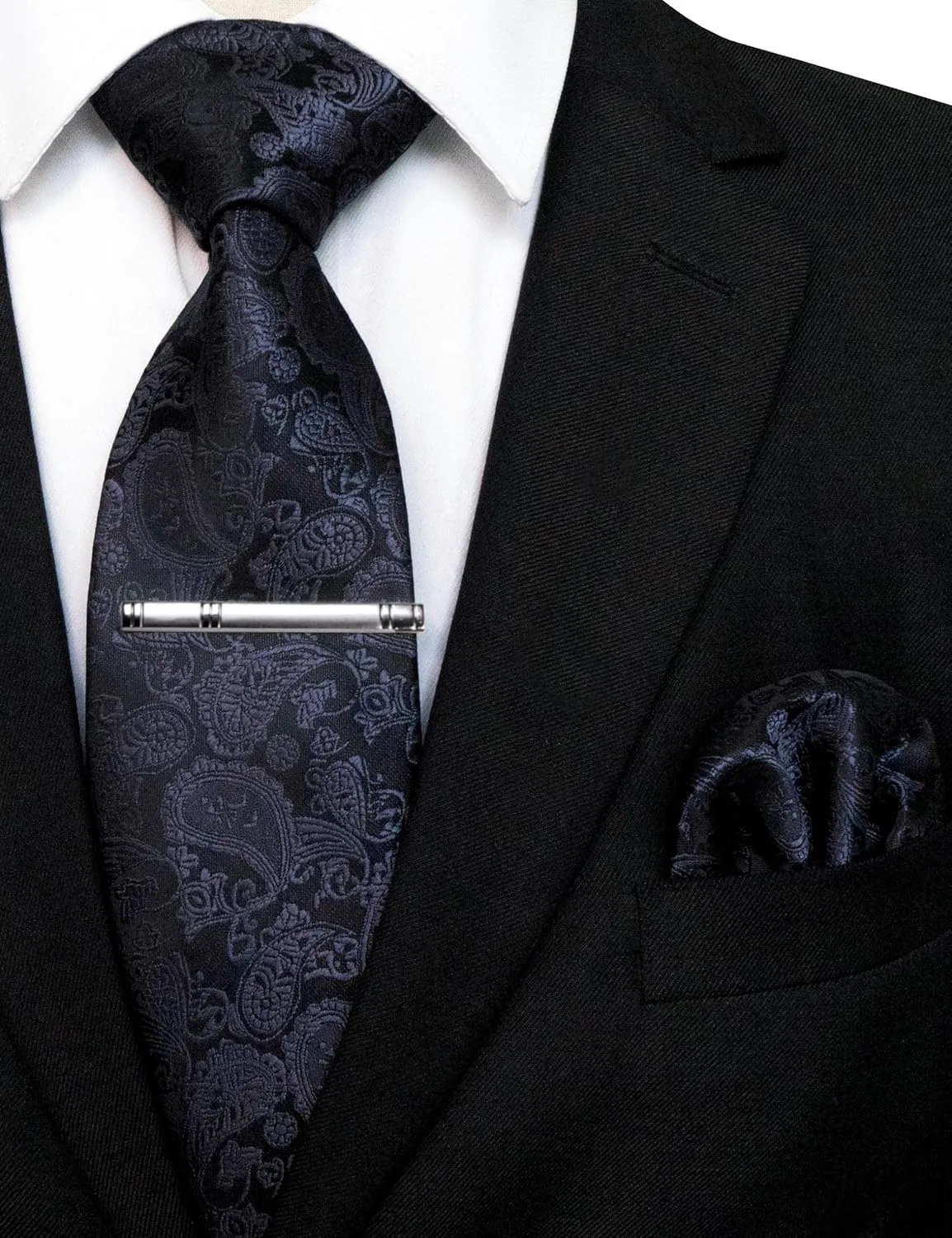 Mens Solid Color Paisley Necktie and Pocket Square with Tie Clip Sets