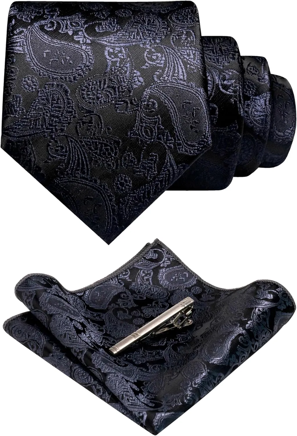 Mens Solid Color Paisley Necktie and Pocket Square with Tie Clip Sets