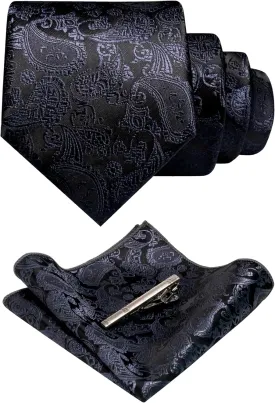 Mens Solid Color Paisley Necktie and Pocket Square with Tie Clip Sets
