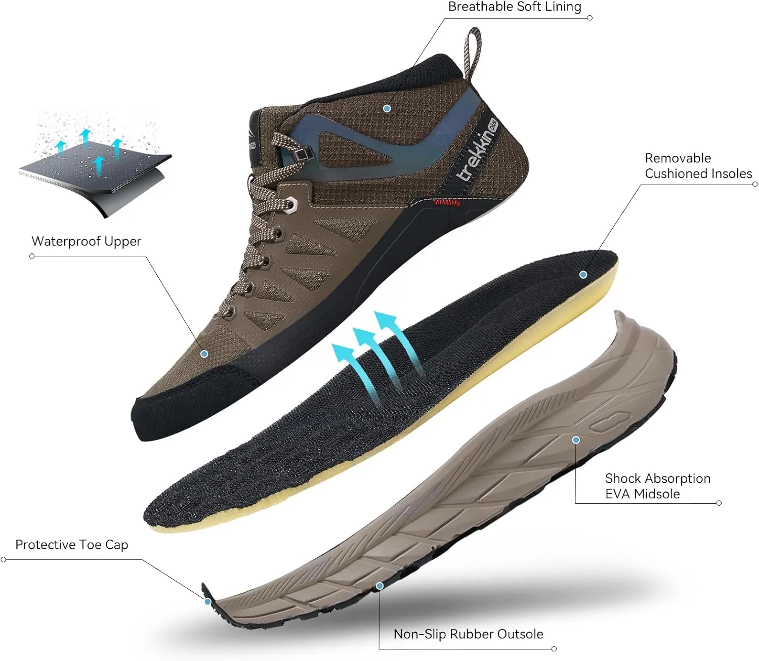 Men's Waterproof Shoes Hiking Trekking Trails Outdoor Lightweight Slip Resistant Cushion Sole Comfortable Work Shoes Walking Boot