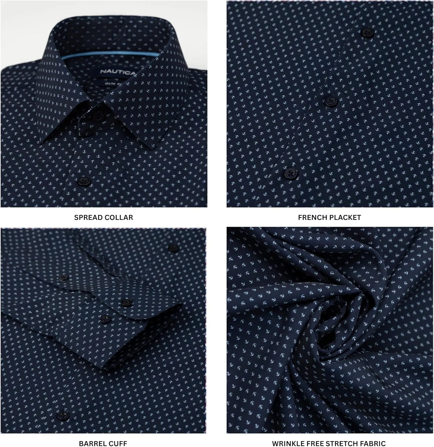 Nautica Slim Fit Mens Dress Shirts Long Sleeve Performance Polyester Fabric Wrinkle Free 4-Way Stretch