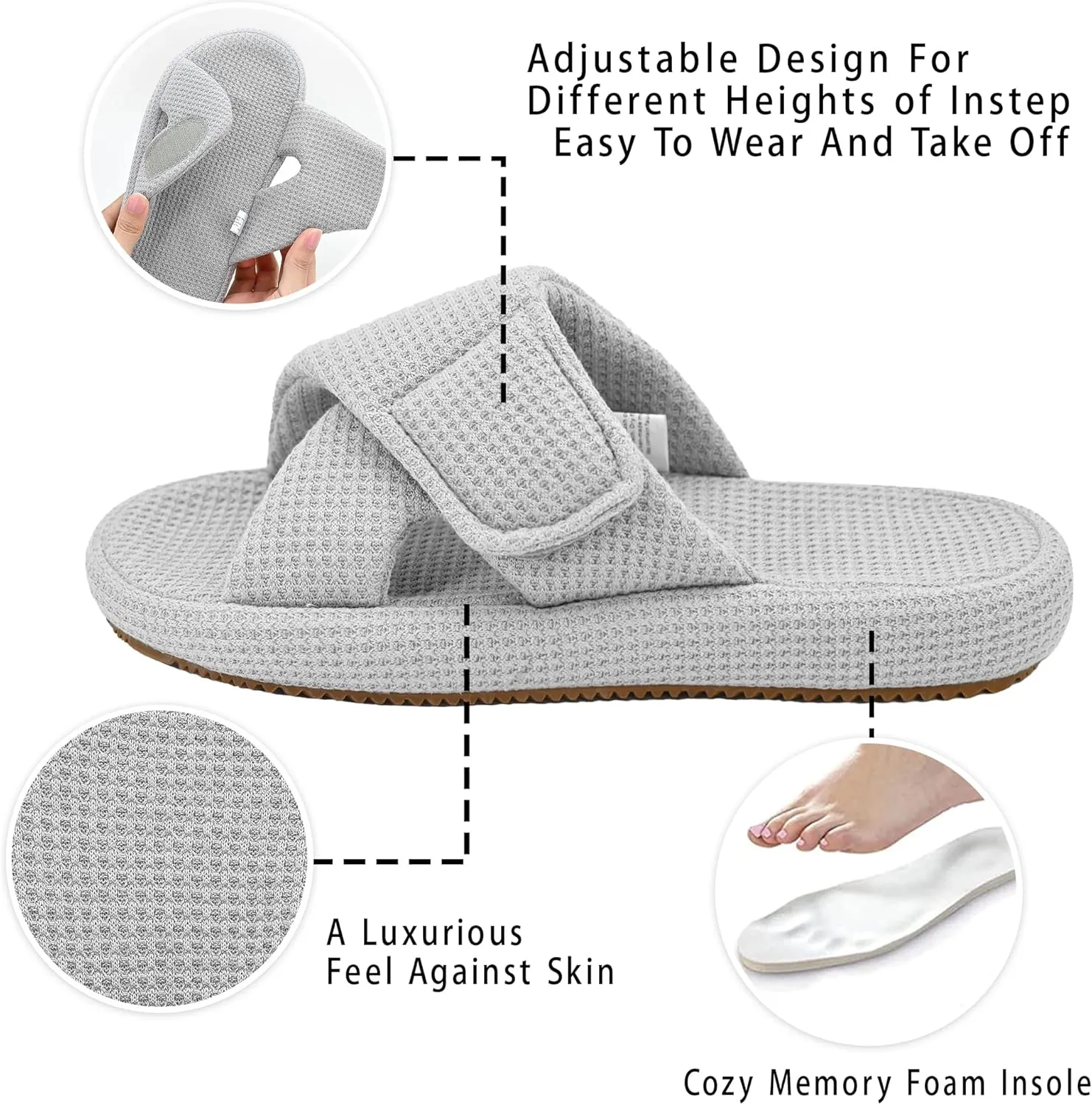 Panda Bros Women's Adjustable Slippers, Diabetic Slippers for Women Memory Foam, Open Toe Swollen Feet Slippers Bedroom House Indoor Outdoor Shoes with Rubber Sole