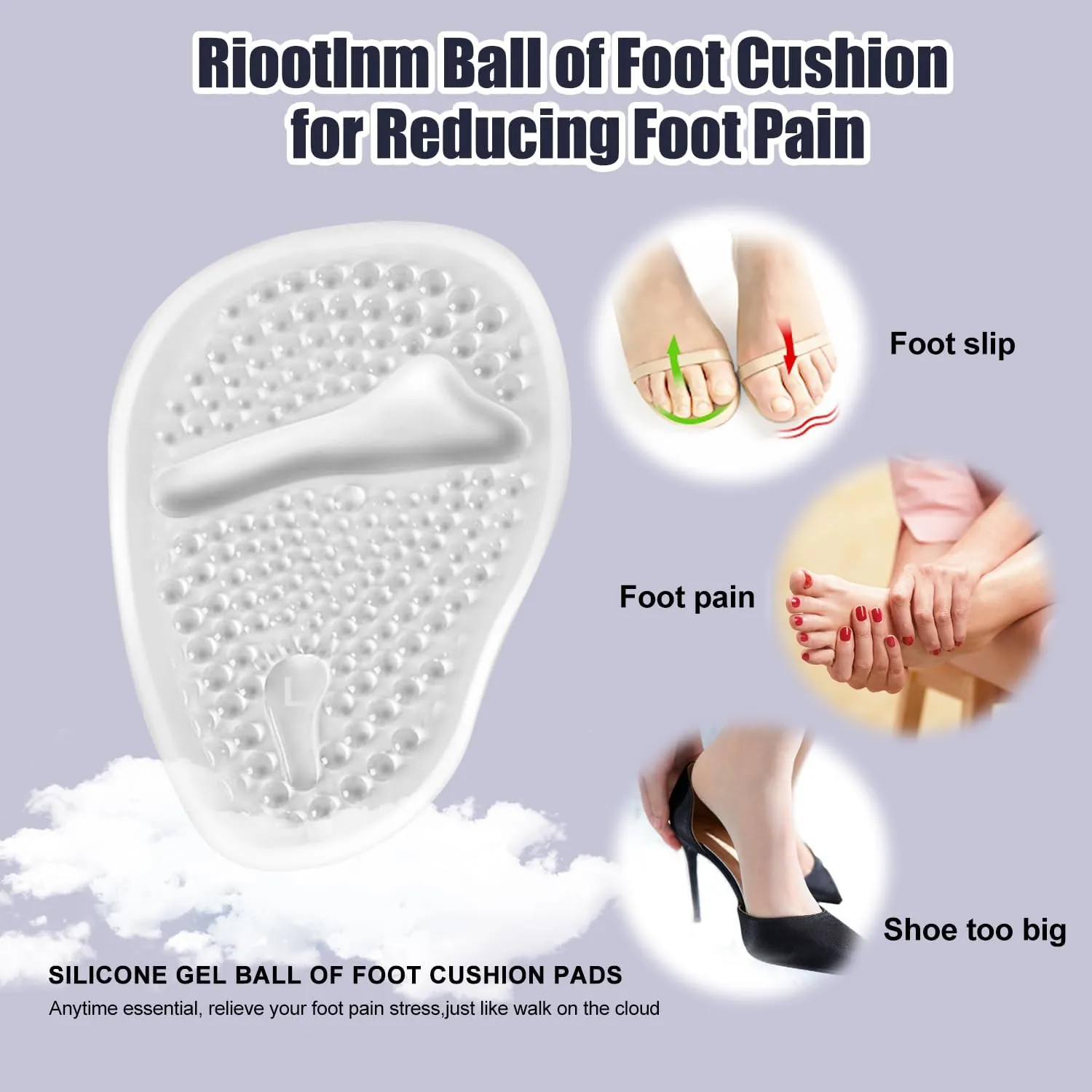 Riootlnm Metatarsal Pads, Ball of Foot Cushions, Heel Pads Inserts for Too Big Shoe, Reduce Foot Pain, No Slip Heel Grips Liners Pads for Loose Shoe, Blisters (Clear)