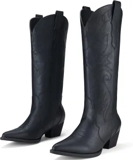 Rollda Cowboy Boots for Women Cowgirl Boots Embroidered Knee-High Western Boots Pointy Toe with Chunky Heel