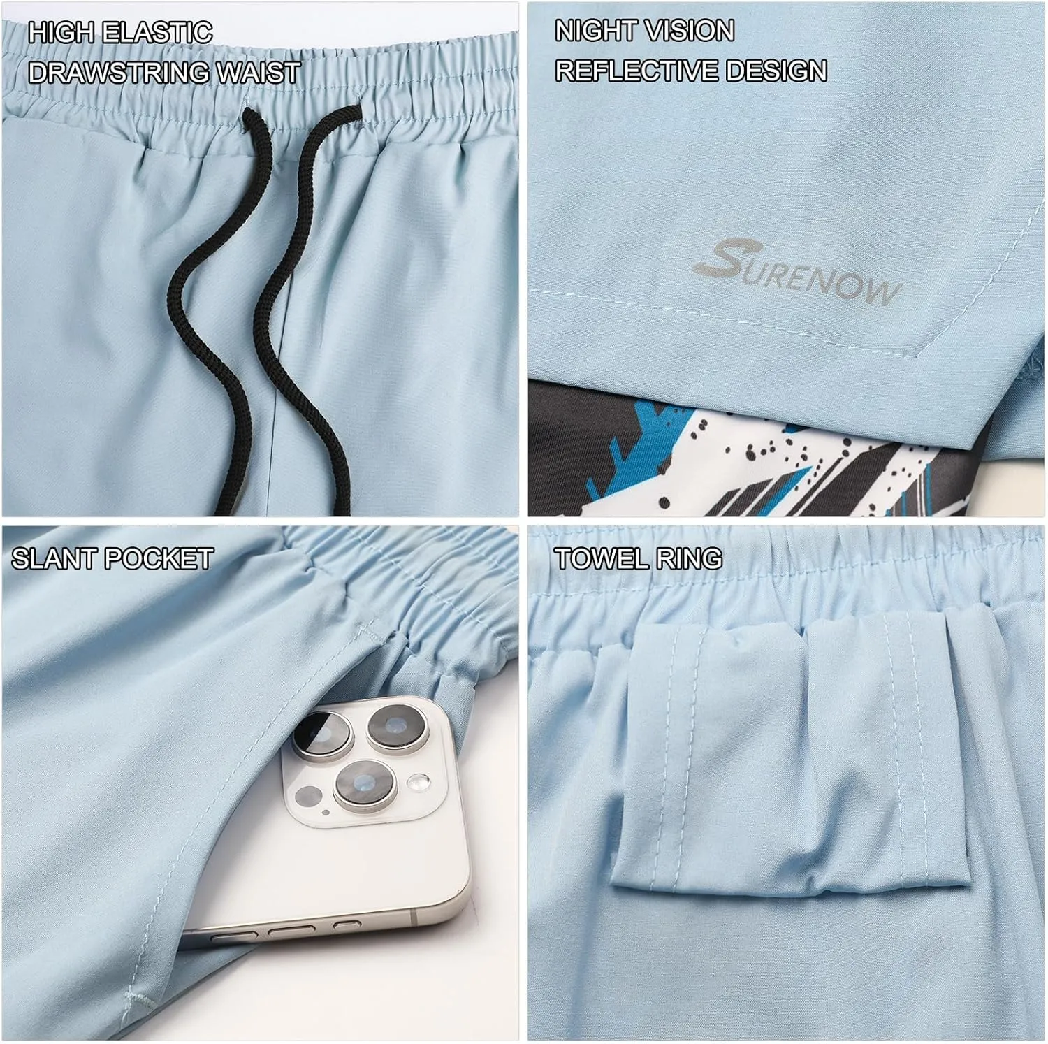 Surenow Mens 2 in 1 Running Shorts Quick Dry Athletic Shorts with Liner, Workout Shorts with Zip Pockets and Towel Loop
