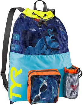 TYR Big Mesh Mummy Backpack for Wet Swimming, Gym, and Workout Gear, Blue/Yellow