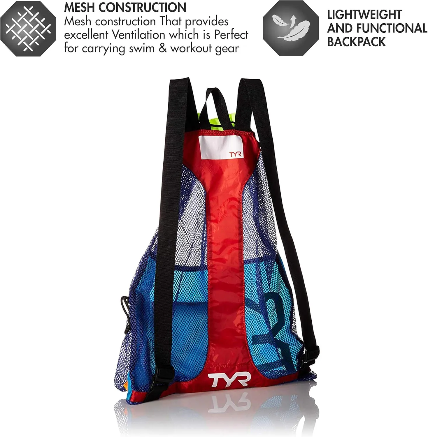 TYR Big Mesh Mummy Backpack for Wet Swimming, Gym, and Workout Gear, Blue/Yellow