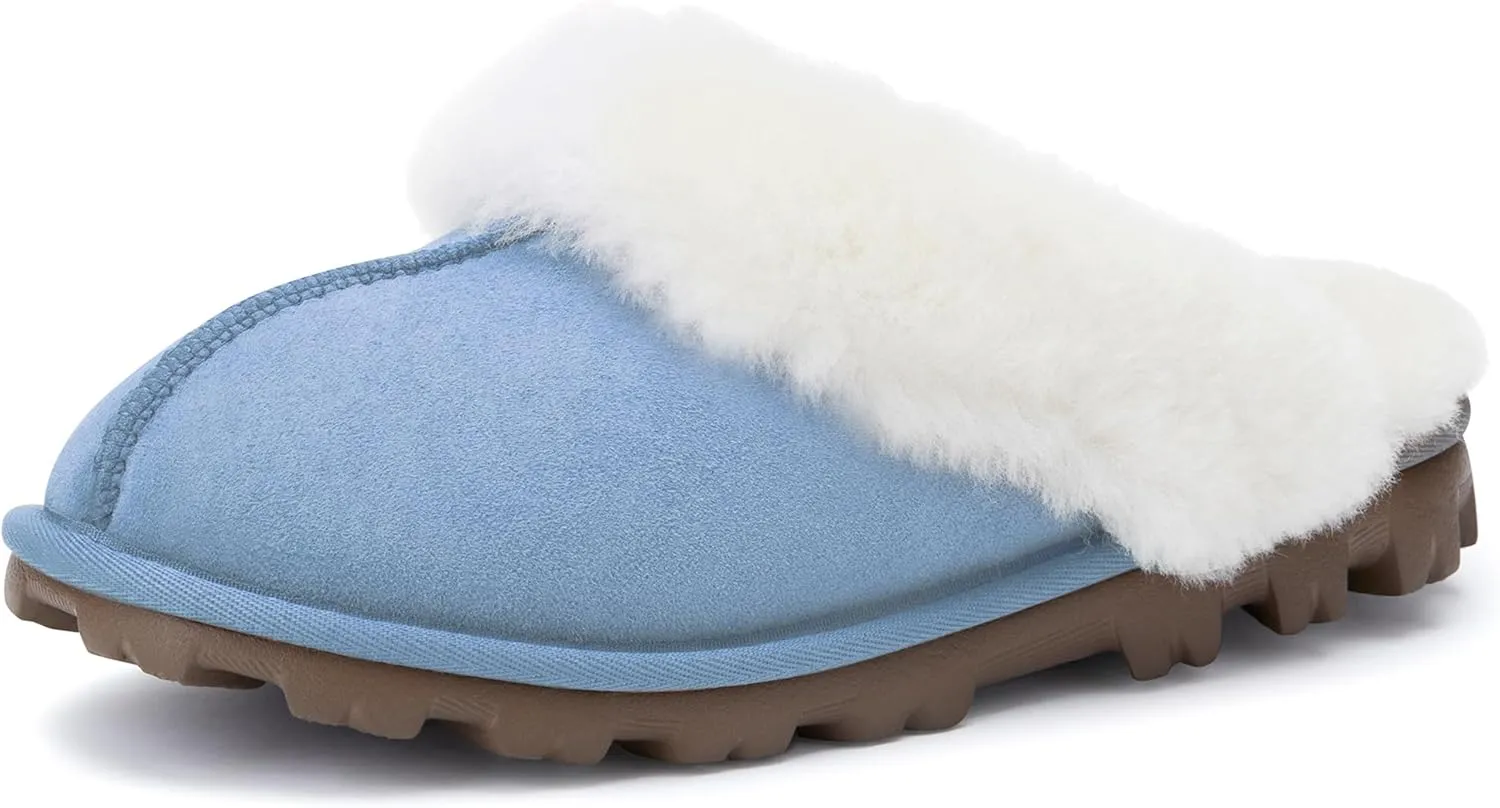 WaySoft Genuine Australian Sheepskin Women Slippers, 100% Shearling Hard Bottom Slippers for Women Indoor and Outdoor Warm Fuzzy Wool Slippers