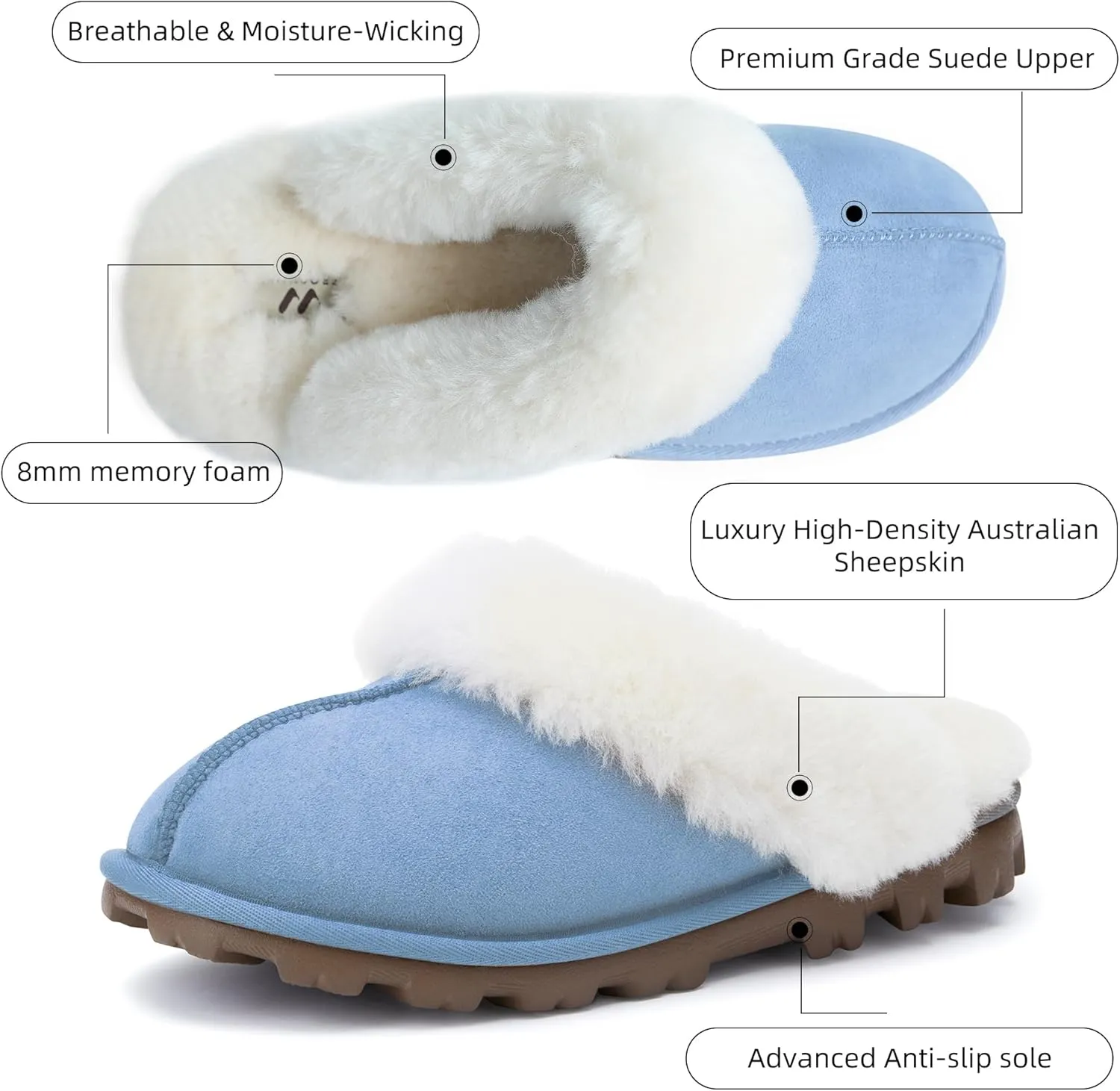 WaySoft Genuine Australian Sheepskin Women Slippers, 100% Shearling Hard Bottom Slippers for Women Indoor and Outdoor Warm Fuzzy Wool Slippers