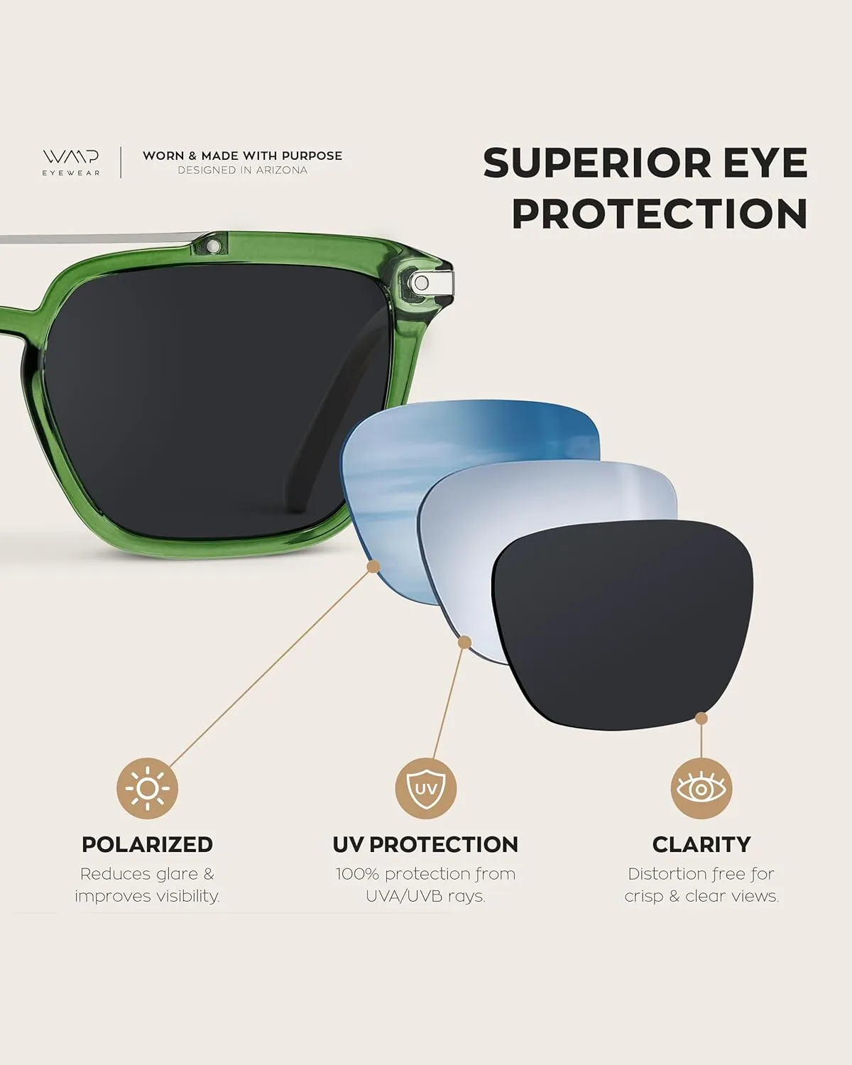 WMP Eyewear - Modern Men's Square Aviator Sunglasses - Double Metal Bridge with Polarized Lens
