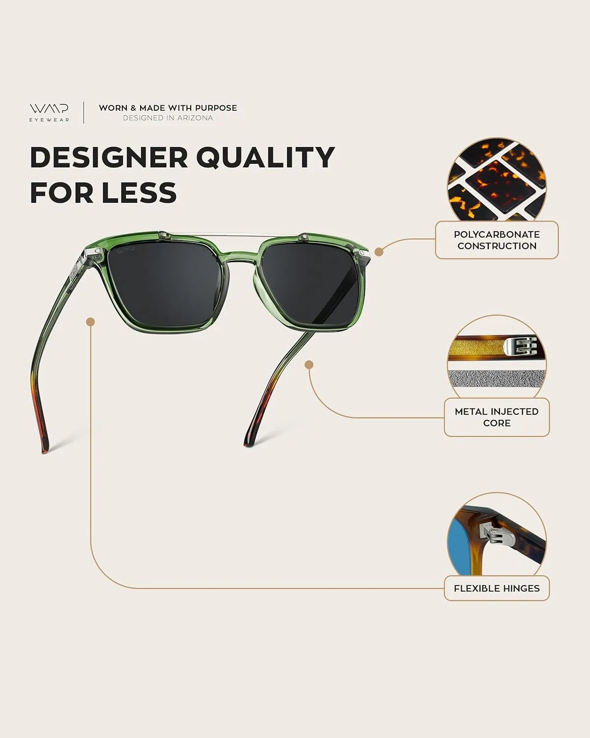 WMP Eyewear - Modern Men's Square Aviator Sunglasses - Double Metal Bridge with Polarized Lens