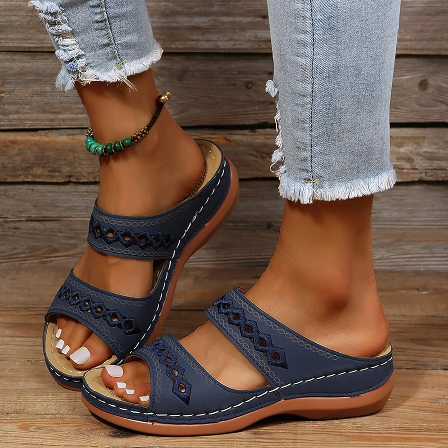 Women Wedge Platform Sandals Open Toe Slip On Boho Sandal Two Strap Summer Casual Slides Rubber Sole Beach Shoes