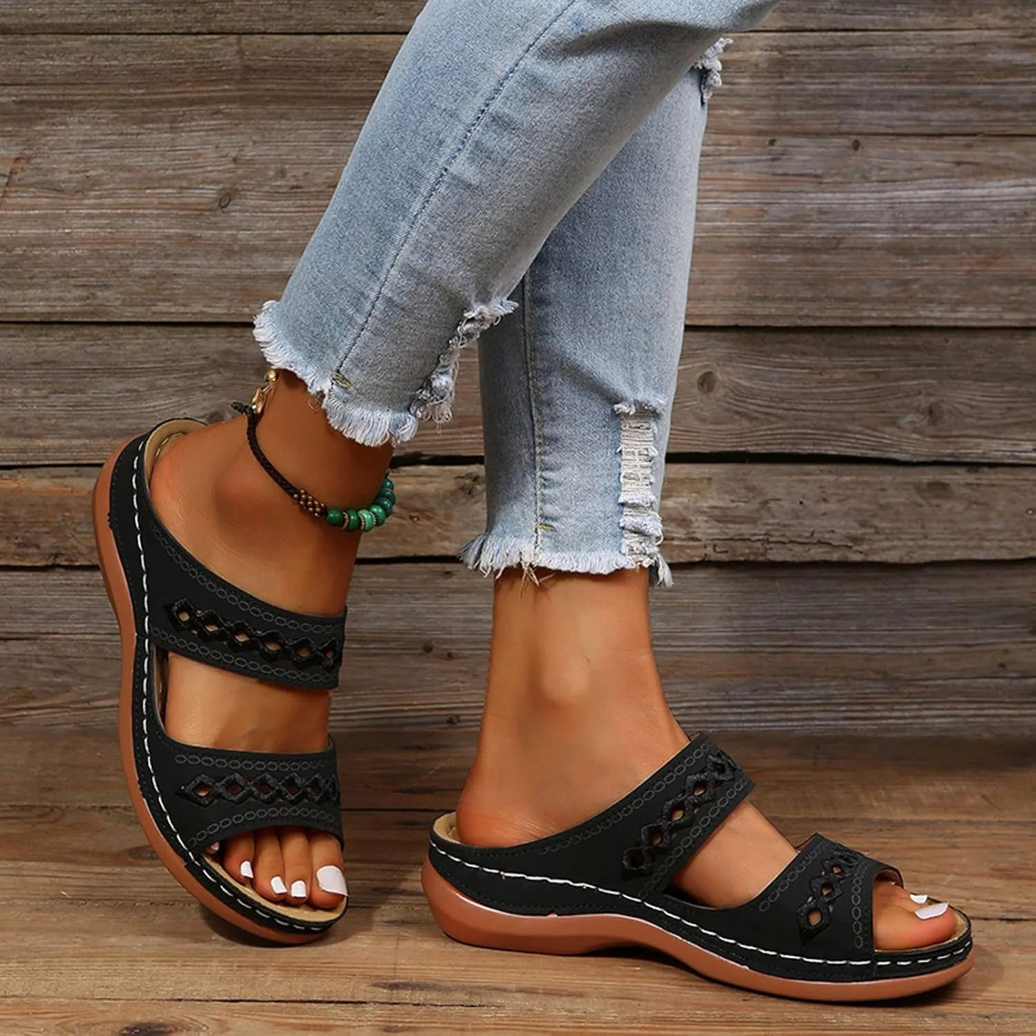 Women Wedge Platform Sandals Open Toe Slip On Boho Sandal Two Strap Summer Casual Slides Rubber Sole Beach Shoes