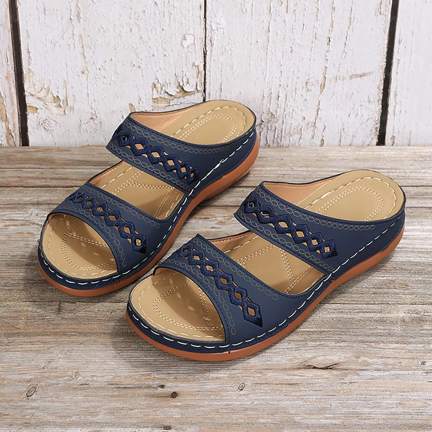 Women Wedge Platform Sandals Open Toe Slip On Boho Sandal Two Strap Summer Casual Slides Rubber Sole Beach Shoes